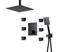 3 Function Thermostatic Shower System, Square Ceiling Shower Faucet Set with 2 Function Handheld Showerhead, Massage Body Jets and 1.5m Shower Hose,Black