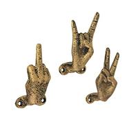 3 Gold Cast Iron Hand Gesture Decorative Wall Hooks, 4 Inches High - Peace Sign, Rock On, and Finger Gestures. Unique Stylish Key or Towel Hangers for