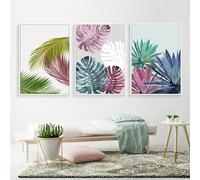 3 Imágenes Set-Cuadro Abstracto de Hojas Coloridas en Lienzo Hojas de Plantas Azules Rosas Verdes Póster de Arte Minimalista Nórdico Pared Decoración Sencilla el Hogar la Cocina-50x75cm (sin marco)