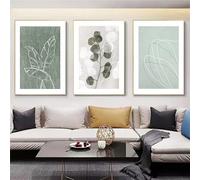 3 Imágenes Set-Cuadro Artístico Sobre Lienzo Abstracto Nórdico de Líneas Verdes Grises Estilo Póster Minimalista Plantas Ideal Decorar Salas de Estar Cocinas Oficinas Dormitorios-50x75cm (sin marco)
