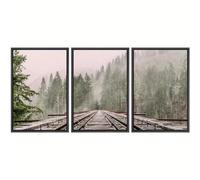3 Imágenes Set-Cuadro de Pared Lienzo Ferrocarril A Través de Bosque Abstracto de Pinos Niebla Arte Moderno Hogar Ideal Galerías Casas de Campo Salas de Estar Oficinas Dormitorios-40x65cm (sin marco)