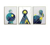 3 Imágenes Set-Dibujo Geométrico Abstracto de Líneas Montaña Azul Amarillo Dorado Lienzo Pintura Póster Nórdico Arte de Pared Cuadros para Decoración de Sala de Estar y Oficina-40x50cm (sin marco)