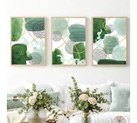 3 Imágenes Set-Láminas de Arte Abstracto para Pared Póster Geométrico Verde y Dorado Formas de Acuarela Impresión en Lienzo para Sala de Estar Cocina Oficina y Decoración del Hogar-40x50cm (sin marco)