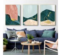 3 Imágenes Set-Pintura Abstracta Sobre Lienzo Paisaje de Montaña Verde Pósteres Línea Dorada y Láminas Arte de Pared Nórdico Moderno Decoración de Pared para el Hogar Obras de Arte-50x75cm (sin marco)