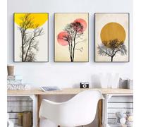 3 Imágenes Set-Póster Abstracto de Árbol Amarillo en la Montaña Pintura Sobre Lienzo Póster Nórdico Arte de Pared Cuadros para Sala de Estar Dormitorio Oficina Decoración del Hogar-60x70cm (sin marco)