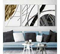 3 Imágenes Set-Póster Abstracto de Línea Dorada Sobre Lienzo Impresión en Pared Imagen Geométrica en Negro y Beige Obra de Arte Decoración de Sala de Estar Oficina y el Hogar-50x60cm (sin marco)