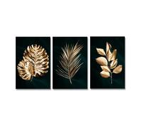 3 Imágenes Set-Póster Artístico Abstracto Dorado Palmeras Tropicales Láminas de Arte Hojas Pintura Sobre Lienzo Cuadros de Arte de Pared Negros Cocina Oficina Decoración Hogar-50x60cm (sin marco)