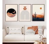 3 Imágenes Set-Póster de Arte Mural Abstracto Estilo Boho de Mediados de Siglo Con Paisaje Desértico de Sol y Luna Lienzos y Láminas para Decoración de Sala de Estar y Oficina-40x50cm (sin marco)