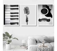 3 Imágenes Set-Pósteres y Láminas Abstractas en Blanco y Negro de Piano Micrófono y Guitarra Cuadros Decorativos Pared Ideales el Hogar la Sala de Estar O la Oficina-40*60cm=16*24 pulgadas(sin marco)