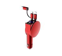 3 in 1 60W Car Charger Adapter Telescopic Cord Dual Port Two Retractable Cables LED Voltmeter for Cellphone A Red
