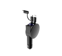 3 in 1 60W Car Charger Adapter Telescopic Cord Dual Port Two Retractable Cables LED Voltmeter for Cellphone A Black