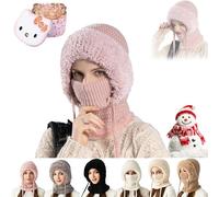 3 in 1 Beanie Hat for Women, 3 in 1 Beanie Hat with Scarf and Mask, Women's Outdoors Windproof Scarf Hats, Knitted Ski Scarfs and Mask Set, for Cycling, Skiing & Hiking (Pink)