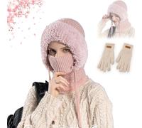 3 in 1 Beanie Hat for Women, Choosemuc Women's Outdoors Windproof Scarf Hat, Knitted Ski Scarf and Mask Set, Winter One Piece Fleece Lined Knit Balaclavas Mask, for Cycling (Pink)