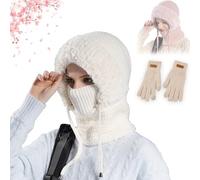 3 in 1 Beanie Hat for Women, Choosemuc Women's Outdoors Windproof Scarf Hat, Knitted Ski Scarf and Mask Set, Winter One Piece Fleece Lined Knit Balaclavas Mask, for Cycling (White)