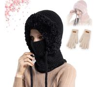 3 in 1 Beanie Hat for Women, Choosemuc Women's Outdoors Windproof Scarf Hat, Knitted Ski Scarf and Mask Set, Winter One Piece Fleece Lined Knit Balaclavas Mask, for Cycling (Black)