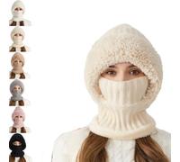 3 in 1 Beanie Hat for Women, One Piece Fleece Lined Knit Balaclavas Mask Set Women's Knitted Hat (Beige)