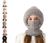 3 in 1 Beanie Hat for Women, One Piece Fleece Lined Knit Balaclavas Mask Set Women's Knitted Hat (Gray)