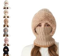 3 in 1 Beanie Hat for Women, One Piece Fleece Lined Knit Balaclavas Mask Set Women's Knitted Hat (Khaki)