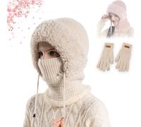 3 in 1 Beanie Hat for Women, Women's Outdoors Windproof Scarf Hat, Knitted Ski Scarf and Mask Set, Winter One Piece Fleece Lined Knit Balaclavas Mask, for Cycling (Beige)