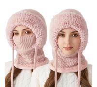 3 in 1 Beanie Hat with Scarf and Mask for Women, Windproof Knitted Balaclava for Skiing, Hiking, and Cold Weather (Pink)