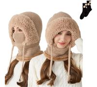 3 in 1 Beanie Hat with Scarf and Mask, Mask Set Hooded Piece Windproof Warm Snow Cap, Women Knitted Hat in Autumn and Winter (2pcsKhaki)
