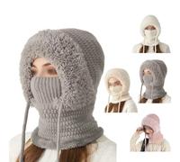 3 in 1 Beanie Hat with Scarf and Mask,Winter Windproof Full Cover Knit Hooded,Women Outdoor Warm Ear Protection Balaclava Cap (FR/ES, Letras, Talla única, Grey)