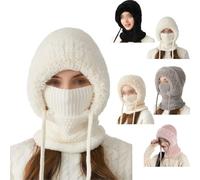 3 in 1 Beanie Hat with Scarf and Mask,Winter Windproof Full Cover Knit Hooded,Women Outdoor Warm Ear Protection Balaclava Cap (FR/ES, Letras, Talla única, White)