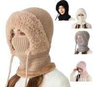 3 in 1 Beanie Hat with Scarf and Mask,Winter Windproof Full Cover Knit Hooded,Women Outdoor Warm Ear Protection Balaclava Cap (FR/ES, Letras, Talla única, Khaki)