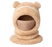 3-in-1 Bear Mask Cap, 2026 New Bear Ski Mask Fleece Beanie with Built-in Scarf & Masks, Super Warm Plush Lining (Khaki)