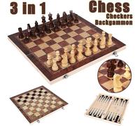 3 In 1 Chess Checkers Backgammon Game Combo Set with Wooden Folding Board for Storage, Portable Travel Board Game for Kids Adults