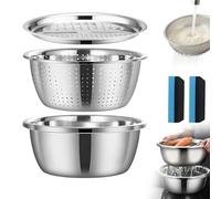 3-in-1 German Multifunctional Stainless Steel Basin Set - Professional Grater, Strainer & Mixing Bowl System - Heavy Duty Vegetable Slicer, Rice Rinser & Pasta Colander (26CM)
