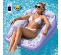 3-in-1 Inflatable Pool Lounge Chair,Adult Large Inflatable Water Sofa,Tropical Style Float Recliner with Mesh Seat,Cup Holder,Air Pump,Water Hammock Float Sofa for Beach,Summer Parties(Purple)