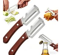 3-in-1 Multifunctional Vegetable Peeler, Zero Snag Wooden Peeler with Julienne Shredder & Bottle Opener, Stainless Steel Peeler with Wooden Handle for Kitchen, Potato, Carrot & Fruit Prep (2pcs)