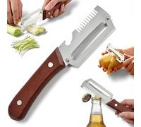 3-in-1 Multifunctional Vegetable Peeler, Zero Snag Wooden Peeler with Julienne Shredder & Bottle Opener, Stainless Steel Peeler with Wooden Handle for Kitchen, Potato, Carrot & Fruit Prep (1pc)