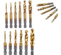 3 In 1 Spiral Flute Drill Bits, Invisiblen Metric Thread Tap Drills Bits Set, Professional Thread Taps Drills Bit Tools Kit, Spiral Tap Hex Shank Drill Bit Set M3/M4/M5/M6/M8/M10 (Gold,Long + Short)