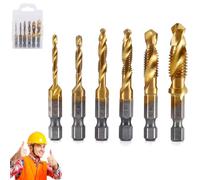 3 in 1 Spiral Tap Hex Shank Drill Bit Set, M3/M4/M5/M6/M8/M10 Drill Bits High Speed Steel, Professional Thread Tap Drill Bit Set, Power Tool Accessories (Gold short style)