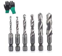 3 in 1 Spiral Tap Hex Shank Drill Bit Set, M3/M4/M5/M6/M8/M10 Drill Bits High Speed Steel, Professional Thread Tap Drill Bit Set, 1/4” Hex Shank for Drilling, Tapping (Silver,Short)