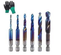 3 in 1 Spiral Tap Hex Shank Drill Bit Set, M3/M4/M5/M6/M8/M10 Drill Bits High Speed Steel, Professional Thread Tap Drill Bit Set, 1/4” Hex Shank for Drilling, Tapping (Blue,Long)