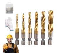 3 in 1 Spiral Tap Hex Shank Drill Bit Set, M3/M4/M5/M6/M8/M10 Drill Bits High Speed Steel, Professional Thread Tap Drill Bit Set, for Iron copper aluminum, Drilling, Tapping (Gold,Short)