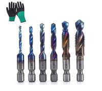 3 in 1 Spiral Tap Hex Shank Drill Bit Set, M3/M4/M5/M6/M8/M10 Drill Bits High Speed Steel, Professional Thread Tap Drill Bit Set, 1/4” Hex Shank for Drilling, Tapping (Blue,Short)
