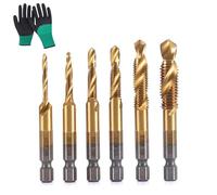 3 in 1 Spiral Tap Hex Shank Drill Bit Set, M3/M4/M5/M6/M8/M10 Drill Bits High Speed Steel, Professional Thread Tap Drill Bit Set, 1/4” Hex Shank for Drilling, Tapping (Gold,Long)