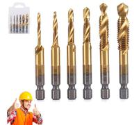 3 in 1 Spiral Tap Hex Shank Drill Bit Set, M3/M4/M5/M6/M8/M10 Drill Bits High Speed Steel, Professional Thread Tap Drill Bit Set, Power Tool Accessories (Gold long style)