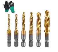 3 in 1 Spiral Tap Hex Shank Drill Bit Set, M3/M4/M5/M6/M8/M10 Drill Bits High Speed Steel, Professional Thread Tap Drill Bit Set, 1/4” Hex Shank for Drilling, Tapping (Gold,Short)