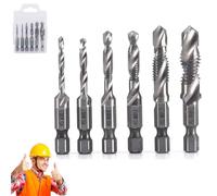 3 in 1 Spiral Tap Hex Shank Drill Bit Set,Professional Thread Tap Drill Bit Set,M3/M4/M5/M6/M8/M10 Drill Bits High Speed Steel (Short Silver)