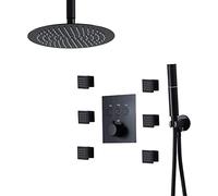 3 in 1 Thermostatic Shower System, Bathroom Ceiling Shower Faucet Set with 2 Function Handheld Showerhead, Top Spray Shower Head, Massage Body Jets,Black