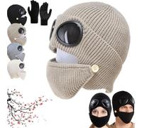 3-in-1 Unisex Knitted Goggles Beanie, 2026 New Winter Warm Ski Mask with Goggles Built In, Outdoor Thermal Fashion Aviator Hat with Face Mask & Ear Cover (Khaki)