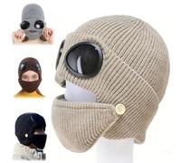 3-in-1 Unisex Knitted Goggles Beanie,Ski Mask with Goggles Built in,Winter Outdoor Sports Aviator Hat with Detachable Mask (Khaki)