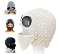 3-in-1 Unisex Knitted Goggles Beanie,Ski Mask with Goggles Built in,Winter Outdoor Sports Aviator Hat with Detachable Mask (Beige)