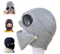 3-in-1 Unisex Knitted Goggles Beanie,Ski Mask with Goggles Built in,Winter Outdoor Sports Aviator Hat with Detachable Mask (Gray)