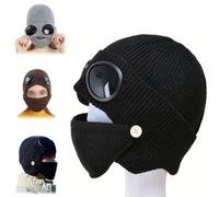 3-in-1 Unisex Knitted Goggles Beanie,Ski Mask with Goggles Built in,Winter Outdoor Sports Aviator Hat with Detachable Mask (Black)